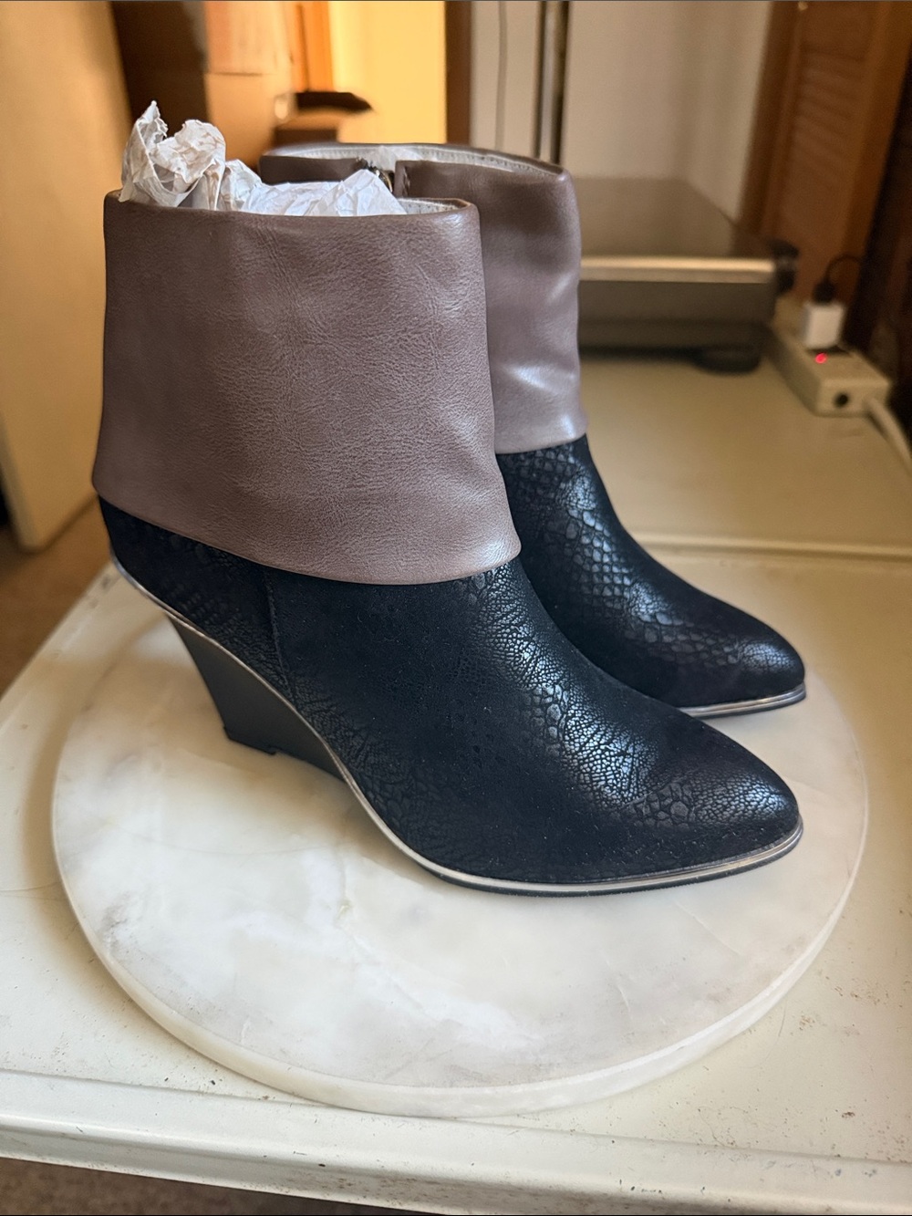 Avon Two-Tone Fold-Over Wedge Ankle Boots - Black and Taupe